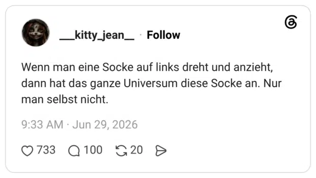 Wenn man eine Socke auf links dreht und anzieht, dann hat das ganze Universum diese Socke an. Nur man selbst nicht.