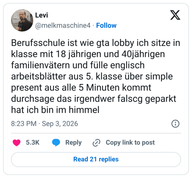 Berufsschule ist wie gta lobby ich sitze in klasse mit 18 jährigen und 40jährigen familienvätern und fülle englisch arbeitsblätter aus 5. klasse über simple present aus alle 5 Minuten kommt durchsage das irgendwer falscg geparkt hat ich bin im himmel