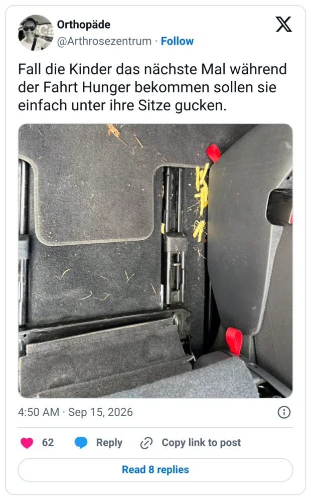 Fall die Kinder das nächste Mal während der Fahrt Hunger bekommen sollen sie einfach unter ihre Sitze gucken.