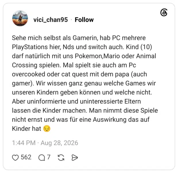 Sehe mich selbst als Gamerin, hab PC mehrere PlayStations hier, Nds und switch auch. Kind (10) darf natürlich mit uns Pokemon,Mario oder Animal Crossing spielen. Mal spielt sie auch am Pc overcooked oder cat quest mit dem papa (auch gamer). Wir wissen ganz genau welche Games wir unseren Kindern geben können und welche nicht. Aber uninformierte und uninteressierte Eltern lassen die Kinder machen. Man nimmt diese Spiele nicht ernst und was für eine Auswirkung das auf Kinder hat