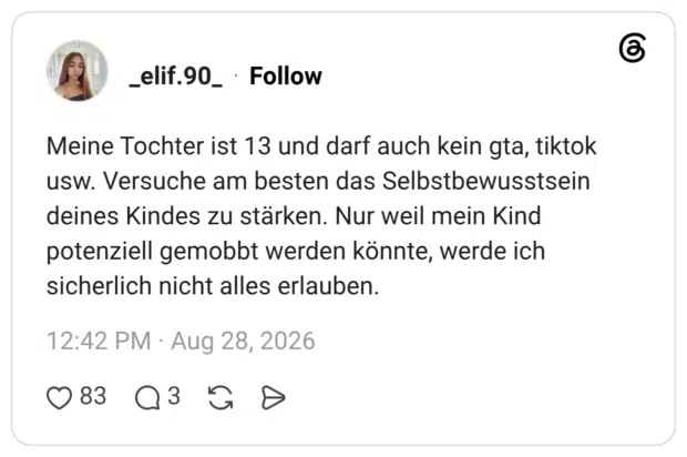 Meine Tochter ist 13 und darf auch kein gta, tiktok usw. Versuche am besten das Selbstbewusstsein deines Kindes zu stärken. Nur weil mein Kind potenziell gemobbt werden könnte, werde ich sicherlich nicht alles erlauben.