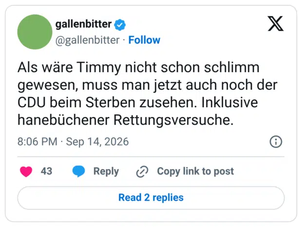 Als wäre Timmy nicht schon schlimm gewesen, muss man jetzt auch noch der CDU beim Sterben zusehen. Inklusive hanebüchener Rettungsversuche.