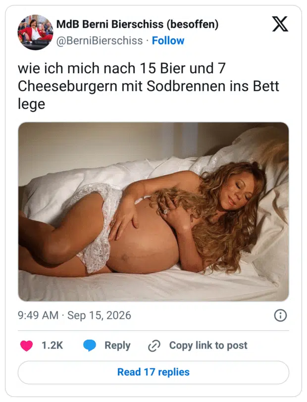 wie ich mich nach 15 Bier und 7 Cheeseburgern mit Sodbrennen ins Bett lege