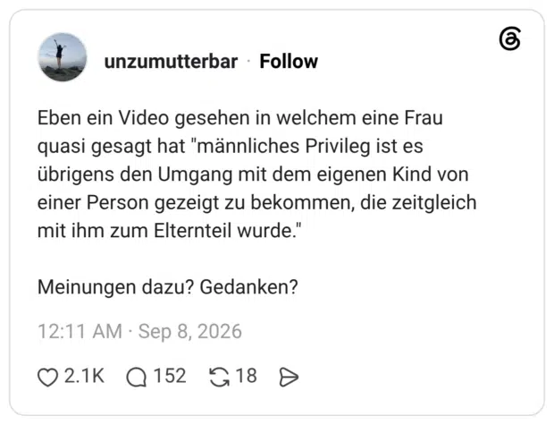 Eben ein Video gesehen in welchem eine Frau quasi gesagt hat "männliches Privileg ist es übrigens den Umgang mit dem eigenen Kind von einer Person gezeigt zu bekommen, die zeitgleich mit ihm zum Elternteil wurde." Meinungen dazu? Gedanken?