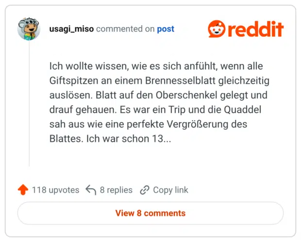 Ich wollte wissen, wie es sich anfühlt, wenn alle Giftspitzen an einem Brennesselblatt gleichzeitig auslösen. Blatt auf den Oberschenkel gelegt und drauf gehauen. Es war ein Trip und die Quaddel sah aus wie eine perfekte Vergrößerung des Blattes. Ich war schon 13...