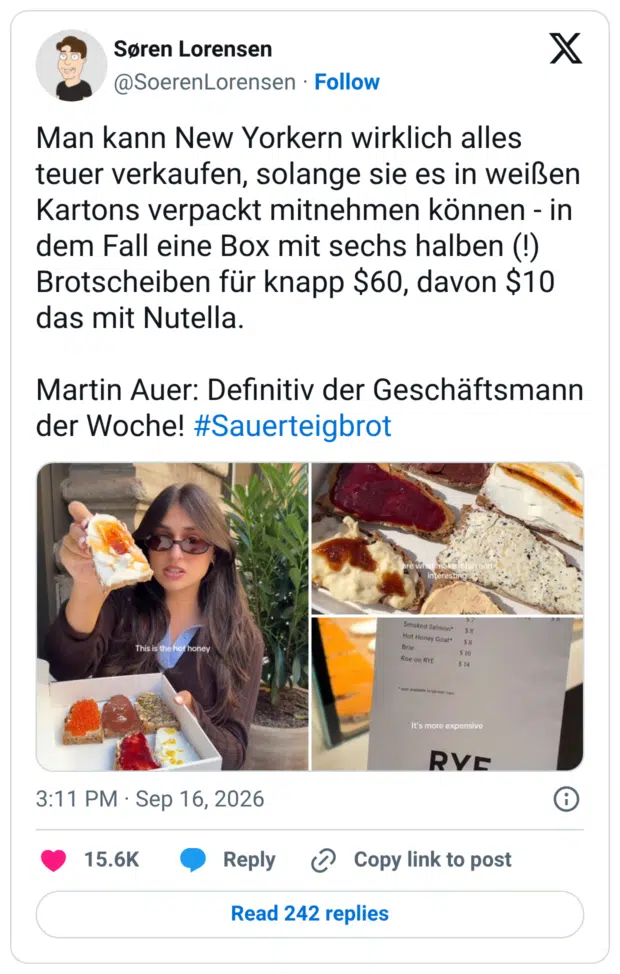 Man kann New Yorkern wirklich alles teuer verkaufen, solange sie es in weißen Kartons verpackt mitnehmen können - in dem Fall eine Box mit sechs halben (!) Brotscheiben für knapp $60, davon $10 das mit Nutella. Martin Auer: Definitiv der Geschäftsmann der Woche! #Sauerteigbrot