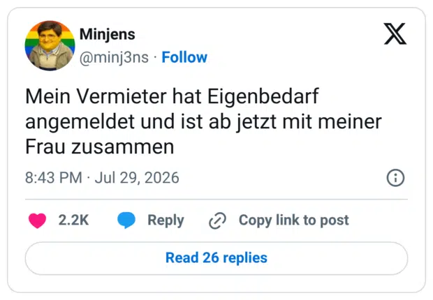 Mein Vermieter hat Eigenbedarf angemeldet und ist ab jetzt mit meiner Frau zusammen