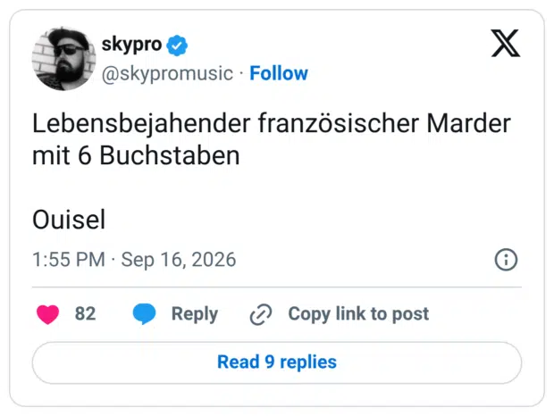 Lebensbejahender französischer Marder mit 6 Buchstaben Ouisel
