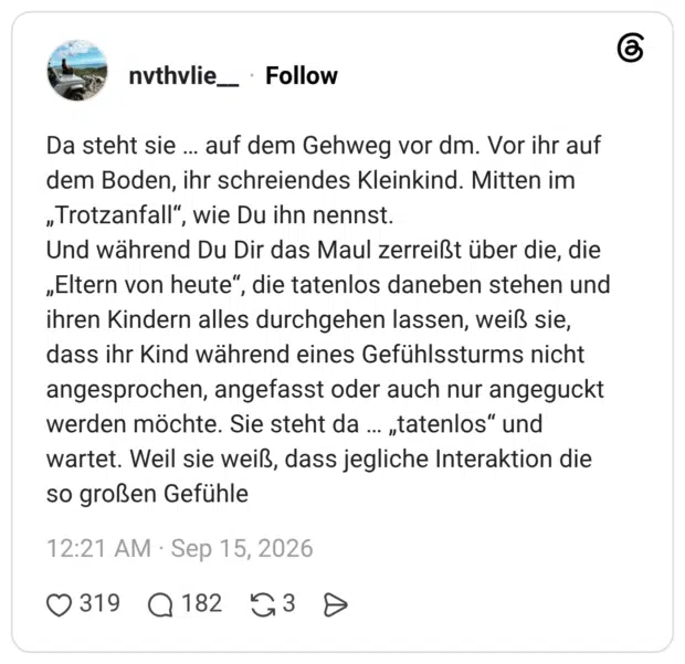 Da steht sie auf dem Gehweg vor dm. Vor ihr auf dem Boden, ihr schreiendes Kleinkind. Mitten im „Trotzanfall", wie Du ihn nennst. Und während Du Dir das Maul zerreißt über die, die „Eltern von heute“, die tatenlos daneben stehen und ihren Kindern alles durchgehen lassen, weiß sie, dass ihr Kind während eines Gefühlssturms nicht angesprochen, angefasst oder auch nur angeguckt werden möchte. Sie steht da ... „tatenlos" und wartet. Weil sie weiß, dass jegliche Interaktion die so großen Gefühle