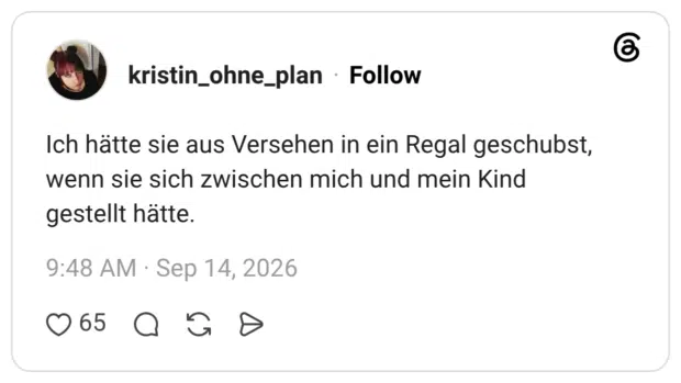 Ich hätte sie aus Versehen in ein Regal geschubst, wenn sie sich zwischen mich und mein Kind gestellt hätte.