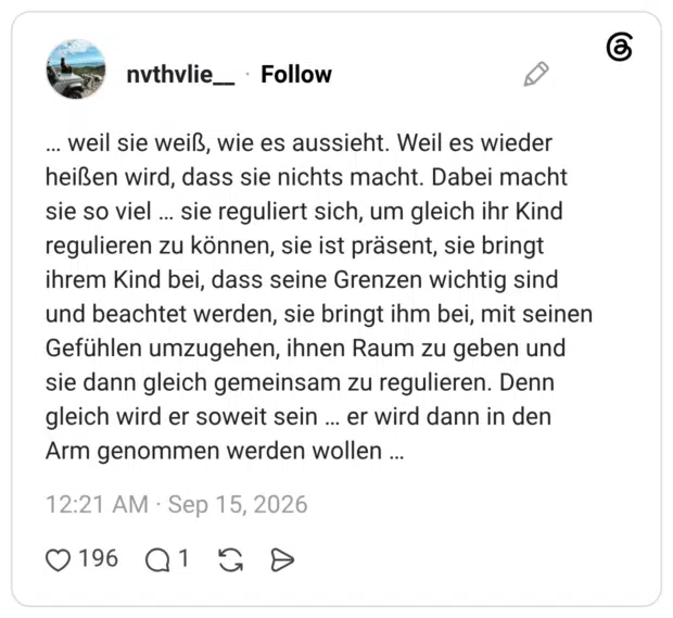 weil sie weiß, wie es aussieht. Weil es wieder heißen wird, dass sie nichts macht. Dabei macht sie so viel sie reguliert sich, um gleich ihr Kind regulieren zu können, sie ist präsent, sie bringt ihrem Kind bei, dass seine Grenzen wichtig sind und beachtet werden, sie bringt ihm bei, mit seinen Gefühlen umzugehen, ihnen Raum zu geben und sie dann gleich gemeinsam zu regulieren. Denn gleich wird er soweit sein er wird dann in den Arm genommen werden wollen