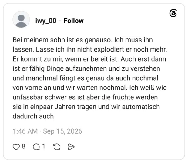 Bei meinem sohn ist es genauso. Ich muss ihn lassen. Lasse ich ihn nicht explodiert er noch mehr. Er kommt zu mir, wenn er bereit ist. Auch erst dann ist er fähig Dinge aufzunehmen und zu verstehen und manchmal fängt es genau da auch nochmal von vorne an und wir warten nochmal. Ich weiß wie unfassbar schwer es ist aber die früchte werden sie in einpaar Jahren tragen und wir automatisch dadurch auch
