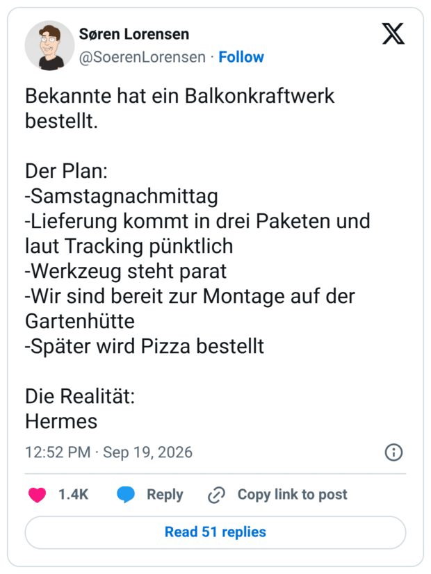 Bekannte hat ein Balkonkraftwerk bestellt. Der Plan: -Samstagnachmittag -Lieferung kommt in drei Paketen und laut Tracking pünktlich -Werkzeug steht parat -Wir sind bereit zur Montage auf der Gartenhütte -Später wird Pizza bestellt Die Realitat: Hermes