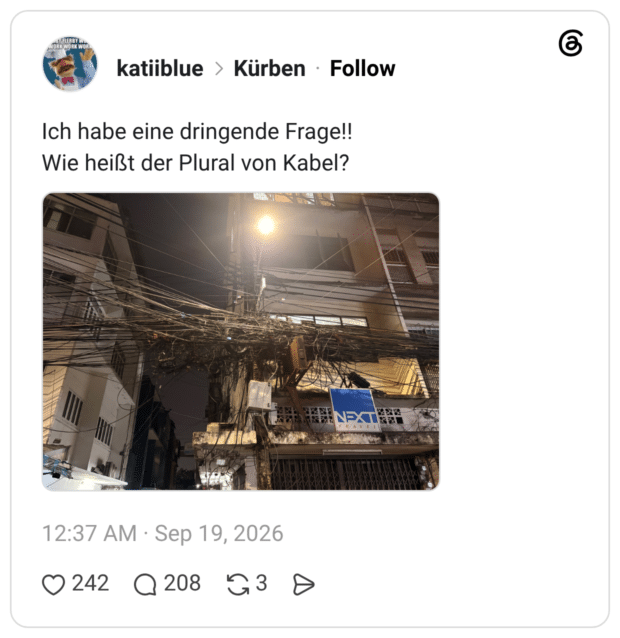 WORK WÖRK WOF katiiblue › Kürben • Follow Ich habe eine dringende Frage!! Wie heißt der Plural von Kabel?