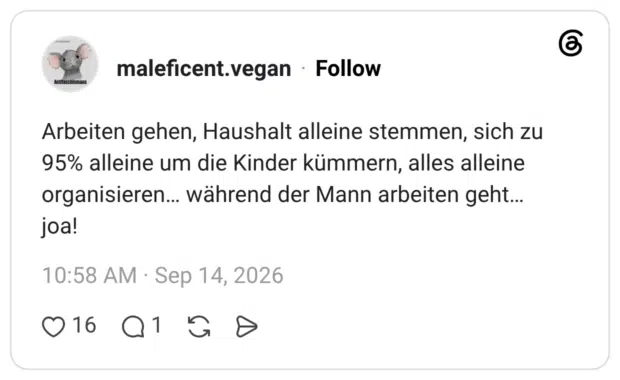 Arbeiten gehen, Haushalt alleine stemmen, sich zu 95% alleine um die Kinder kümmern, alles alleine organisieren... während der Mann arbeiten geht... joa!