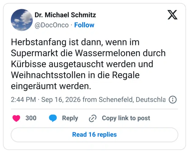 Herbstanfang ist dann, wenn im Supermarkt die Wassermelonen durch Kürbisse ausgetauscht werden und Weihnachtsstollen in die Regale eingeräumt werden.