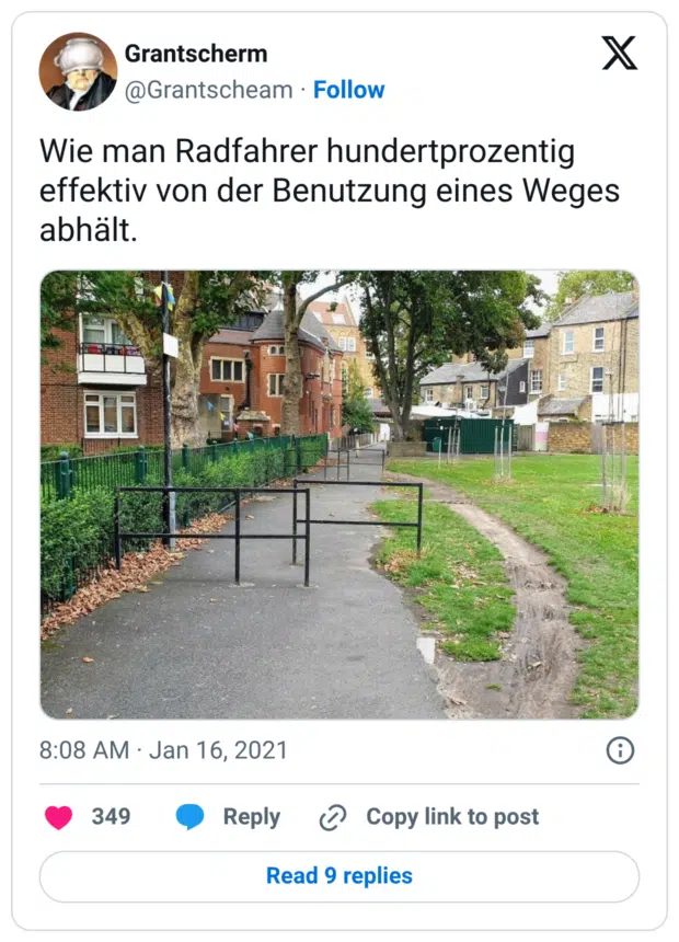 Wie man Radfahrer hundertprozentig effektiv von der Benutzung eines Weges abhält.