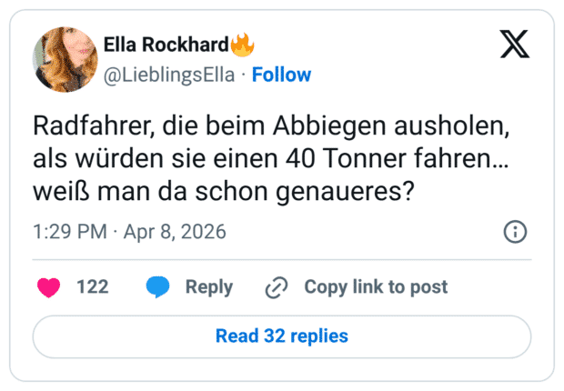 Radfahrer, die beim Abbiegen ausholen, als würden sie einen 40 Tonner fahren… weiß man da schon genaueres?