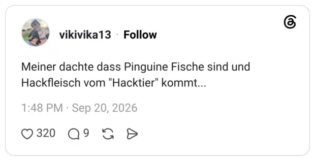 Meiner dachte dass Pinguine Fische sind und Hackfleisch vom "Hacktier" kommt...