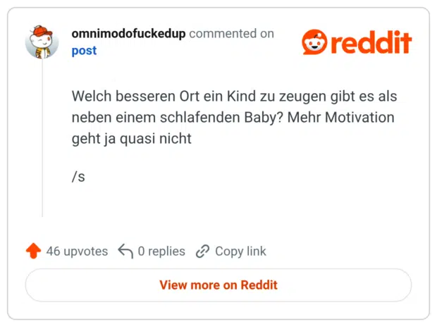 Welch besseren Ort ein Kind zu zeugen gibt es als neben einem schlafenden Baby? Mehr Motivation geht ja quasi nicht /s