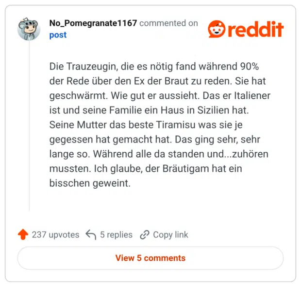 Die Trauzeugin, die es nötig fand während 90% der Rede über den Ex der Braut zu reden. Sie hat geschwärmt. Wie gut er aussieht. Das er Italiener ist und seine Familie ein Haus in Sizilien hat. Seine Mutter das beste Tiramisu was sie je gegessen hat gemacht hat. Das ging sehr, sehr lange so. Während alle da standen und...zuhören mussten. Ich glaube, der Bräutigam hat ein bisschen geweint.