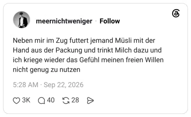 Neben mir im Zug futtert jemand Müsli mit der Hand aus der Packung und trinkt Milch dazu und ich kriege wieder das Gefühl meinen freien Willen nicht genug zu nutzen