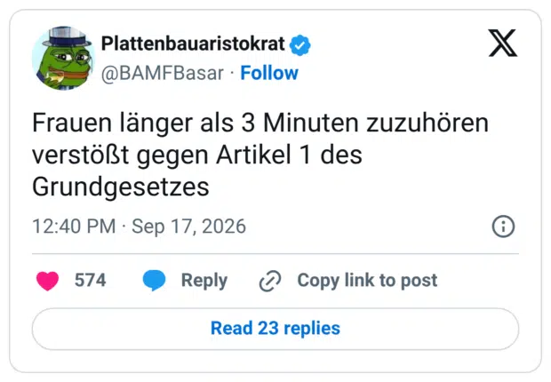 Frauen länger als 3 Minuten zuzuhören verstößt gegen Artikel 1 des Grundgesetzes