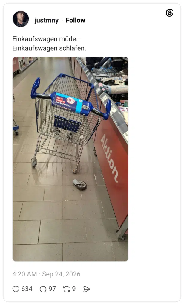 Einkaufswagen müde. Einkaufswagen schlafen.