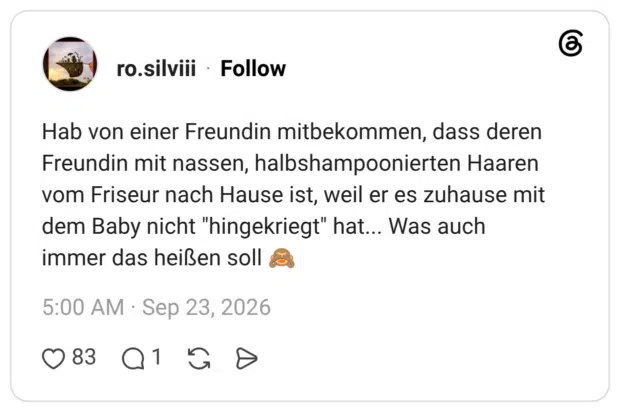 Hab von einer Freundin mitbekommen, dass deren Freundin mit nassen, halbshampoonierten Haaren vom Friseur nach Hause ist, weil er es zuhause mit dem Baby nicht "hingekriegt" hat... Was auch immer das heißen soll
