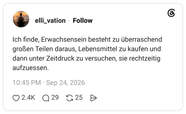 Ich finde, Erwachsensein besteht zu überraschend großen Teilen daraus, Lebensmittel zu kaufen und dann unter Zeitdruck zu versuchen, sie rechtzeitig aufzuessen.