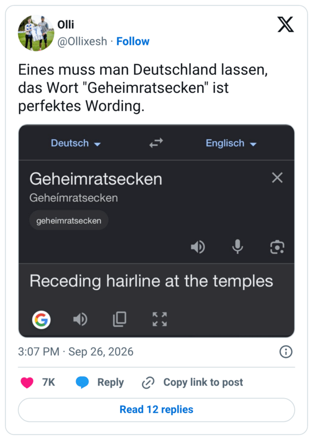 Eines muss man Deutschland lassen, das Wort "Geheimratsecken" ist perfektes Wording. Deutsch - Geheimratsecken Geheímratsecken geheimratsecken Receding hairline at the temples