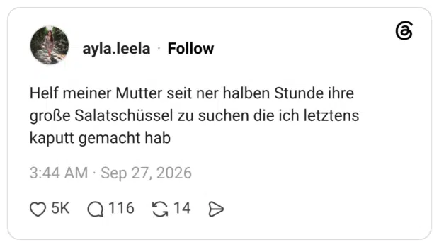 Helf meiner Mutter seit ner halben Stunde ihre große Salatschüssel zu suchen die ich letztens kaputt gemacht hab