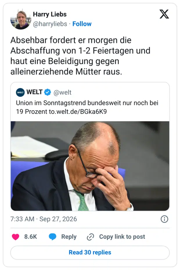 Absehbar fordert er morgen die Abschaffung von 1-2 Feiertagen und haut eine Beleidigung gegen alleinerziehende Mütter raus. wer WELT & @welt Union im Sonntagstrend bundesweit nur noch bei 19 Prozent