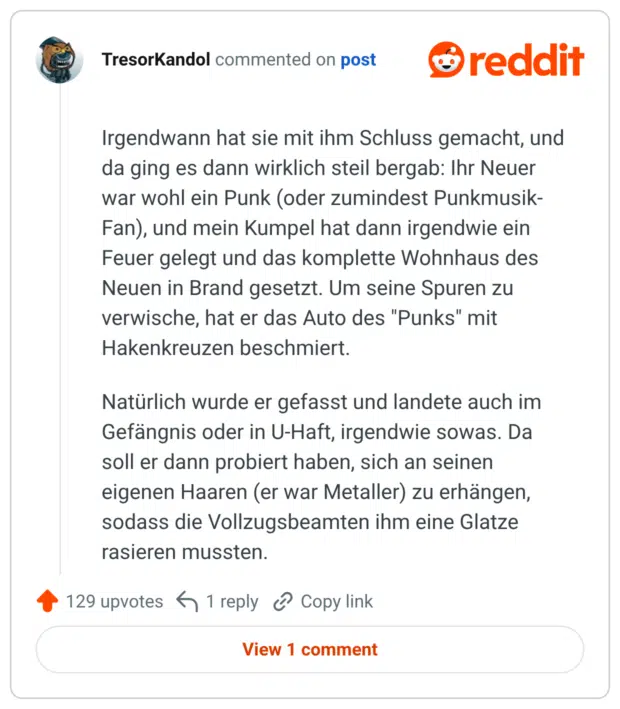 Irgendwann hat sie mit ihm Schluss gemacht, und da ging es dann wirklich steil bergab: Ihr Neuer war wohl ein Punk (oder zumindest Punkmusik-Fan), und mein Kumpel hat dann irgendwie ein Feuer gelegt und das komplette Wohnhaus des Neuen in Brand gesetzt. Um seine Spuren zu verwische, hat er das Auto des "Punks" mit Hakenkreuzen beschmiert. Natürlich wurde er gefasst und landete auch im Gefängnis oder in U-Haft, irgendwie sowas. Da soll er dann probiert haben, sich an seinen eigenen Haaren (er war Metaller) zu erhängen, sodass die Vollzugsbeamten ihm eine Glatze rasieren mussten.