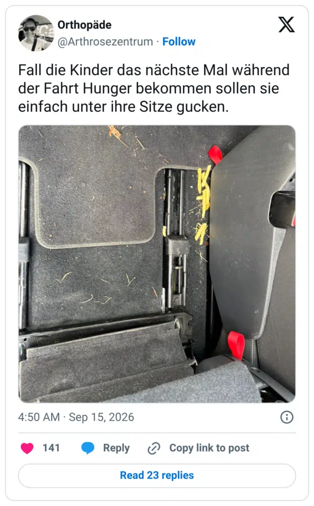 Fall die Kinder das nächste Mal während der Fahrt Hunger bekommen sollen sie einfach unter ihre Sitze gucken.