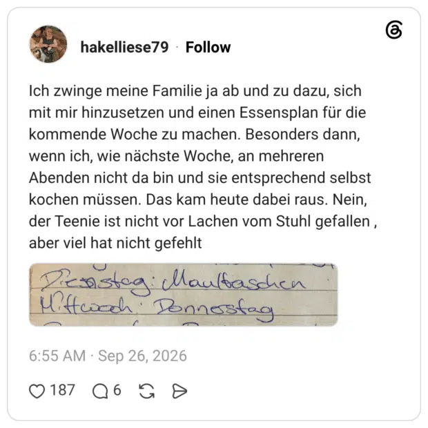 Ich zwinge meine Familie ja ab und zu dazu, sich mit mir hinzusetzen und einen Essensplan für die kommende Woche zu machen. Besonders dann, wenn ich, wie nächste Woche, an mehreren Abenden nicht da bin und sie entsprechend selbst kochen müssen. Das kam heute dabei raus. Nein, der Teenie ist nicht vor Lachen vom Stuhl gefallen, aber viel hat nicht gefehlt