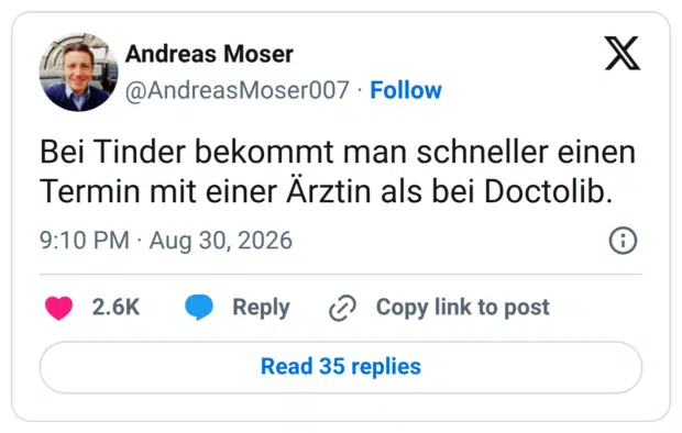 Bei Tinder bekommt man schneller einen Termin mit einer Ärztin als bei Doctolib.