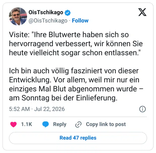 Visite: "Ihre Blutwerte haben sich so hervorragend verbessert, wir können Sie heute vielleicht sogar schon entlassen." Ich bin auch völlig fasziniert von dieser Entwicklung. Vor allem, weil mir nur ein einziges Mal Blut abgenommen wurde - am Sonntag bei der Einlieferung.
