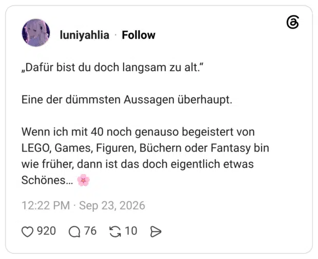 „Dafür bist du doch langsam zu alt.“ Eine der dümmsten Aussagen überhaupt. Wenn ich mit 40 noch genauso begeistert von LEGO, Games, Figuren, Büchern oder Fantasy bin wie früher, dann ist das doch eigentlich etwas Schönes… 🌸