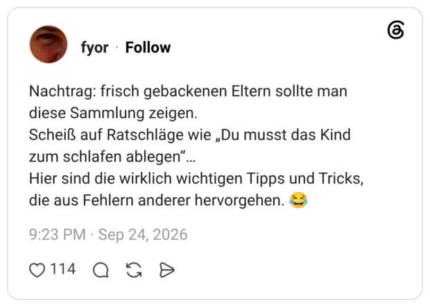 Nachtrag: frisch gebackenen Eltern sollte man diese Sammlung zeigen. Scheiß auf Ratschläge wie „Du musst das Kind zum schlafen ablegen“… Hier sind die wirklich wichtigen Tipps und Tricks, die aus Fehlern anderer hervorgehen. 😂