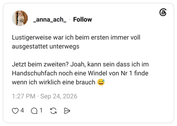 Lustigerweise war ich beim ersten immer voll ausgestattet unterwegs Jetzt beim zweiten? Joah, kann sein dass ich im Handschuhfach noch eine Windel von Nr 1 finde wenn ich wirklich eine brauch 😅