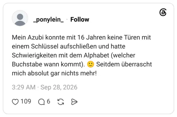Mein Azubi konnte mit 16 Jahren keine Türen mit einem Schlüssel aufschließen und hatte Schwierigkeiten mit dem Alphabet (welcher Buchstabe wann kommt). mich absolut gar nichts mehr! Seitdem überrascht