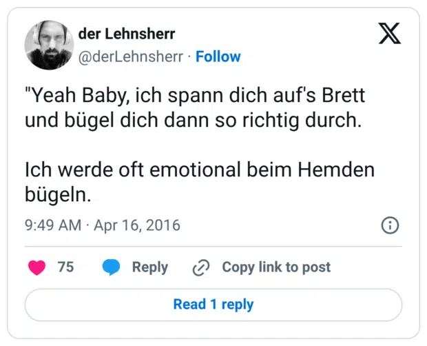 "Yeah Baby, ich spann dich auf's Brett und bügel dich dann so richtig durch. Ich werde oft emotional beim Hemden bügeln