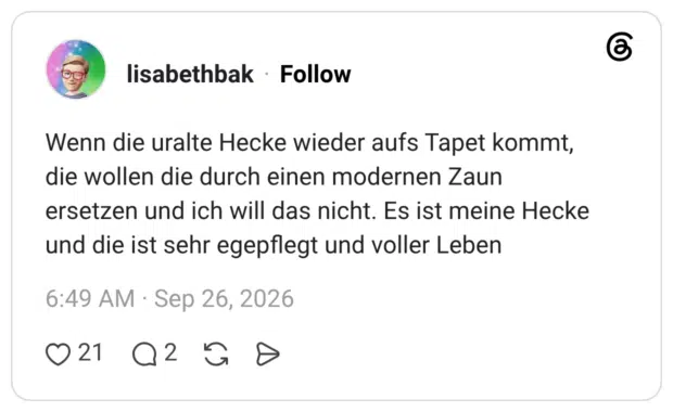 Wenn die uralte Hecke wieder aufs Tapet kommt, die wollen die durch einen modernen Zaun ersetzen und ich will das nicht. Es ist meine Hecke und die ist sehr egepflegt und voller Leben