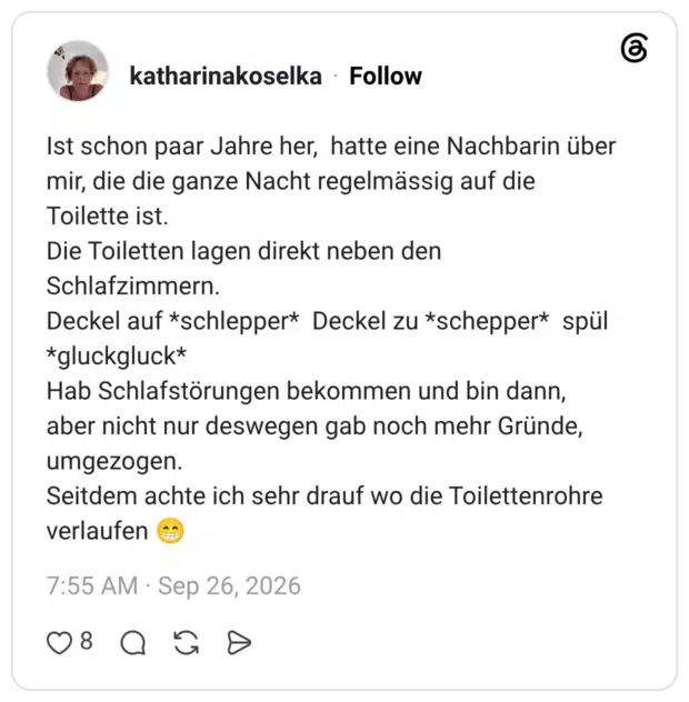 Ist schon paar Jahre her, hatte eine Nachbarin über mir, die die ganze Nacht regelmässig auf die Toilette ist. Die Toiletten lagen direkt neben den Schlafzimmern. Deckel auf *schlepper* Deckel zu *schepper* spül *gluckgluck* Hab Schlafstörungen bekommen und bin dann, aber nicht nur deswegen gab noch mehr Gründe, umgezogen. Seitdem achte ich sehr drauf wo die Toilettenrohre verlaufen