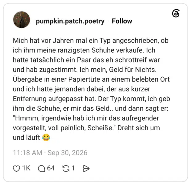 Mich hat vor Jahren mal ein Typ angeschrieben, ob ich ihm meine ranzigsten Schuhe verkaufe. Ich hatte tatsächlich ein Paar das eh schrottreif war und hab zugestimmt. Ich mein, Geld für Nichts. Übergabe in einer Papiertüte an einem belebten Ort und ich hatte jemanden dabei, der aus kurzer Entfernung aufgepasst hat. Der Typ kommt, ich geb ihm die Schuhe, er mir das Geld.. und dann sagt er: "Hmmm, irgendwie hab ich mir das aufregender vorgestellt, voll peinlich, Scheiße." Dreht sich um und läuft 😂