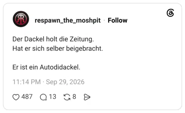 Der Dackel holt die Zeitung. Hat er sich selber beigebracht. Er ist ein Autodidackel.
