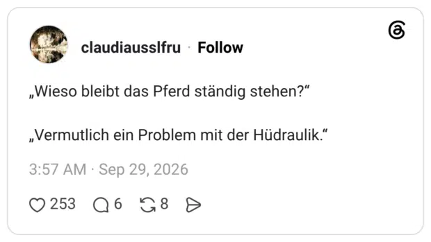 „Wieso bleibt das Pferd ständig stehen?" „Vermutlich ein Problem mit der Hüdraulik.