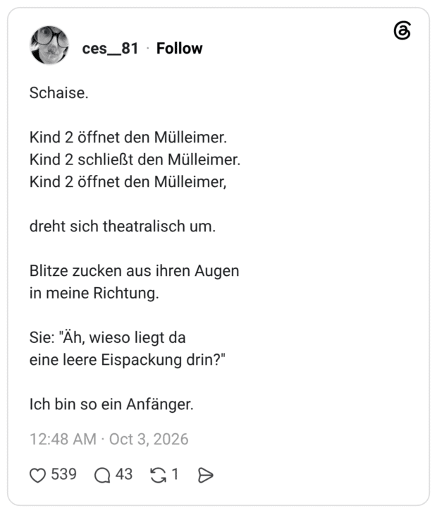 Schaise. Kind 2 öffnet den Mülleimer. Kind 2 schließt den Mülleimer. Kind 2 öffnet den Mülleimer, dreht sich theatralisch um. Blitze zucken aus ihren Augen in meine Richtung. Sie: "Äh, wieso liegt da eine leere Eispackung drin?" Ich bin so ein Anfänger.