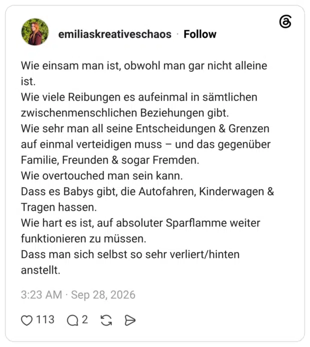 Wie einsam man ist, obwohl man gar nicht alleine ist. Wie viele Reibungen es aufeinmal in sämtlichen zwischenmenschlichen Beziehungen gibt. Wie sehr man all seine Entscheidungen & Grenzen auf einmal verteidigen muss – und das gegenüber Familie, Freunden & sogar Fremden. Wie overtouched man sein kann. Dass es Babys gibt, die Autofahren, Kinderwagen & Tragen hassen. Wie hart es ist, auf absoluter Sparflamme weiter funktionieren zu müssen. Dass man sich selbst so sehr verliert/hinten anstellt.